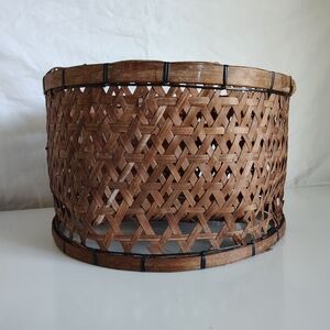Vintage Handwoven Brown Bamboo Wicker Asian Storage Basket